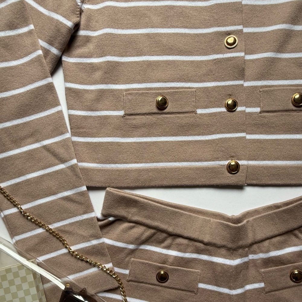 Striped Long Sleeve Set - Tan and White